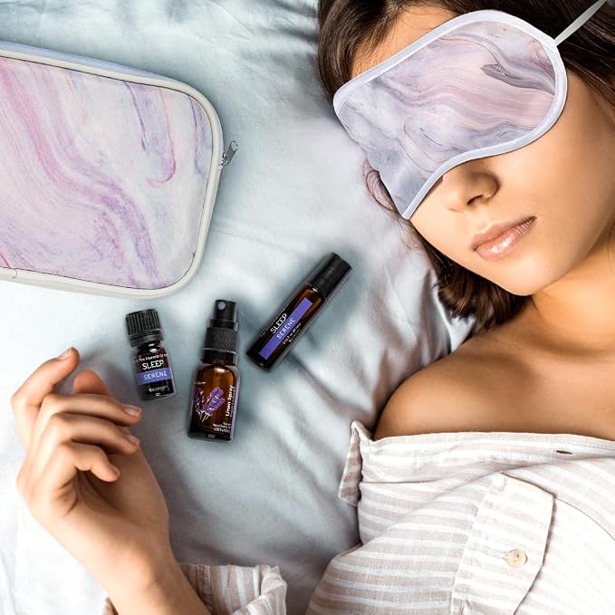SpaRoom Serene Essential Oil Travel Kit with Eye Mask and Bag; Linen Spray, Essential Oil and Topical Roll-on, Pink Marble