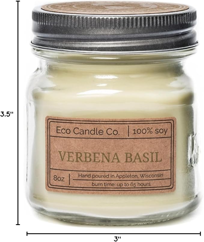 ECO CANDLE CO. Mason Jar Candle, Verbena Basil, 8 oz. - Scents of Lemons, Verbena, Basil, & Cedar - 100% Soy Wax, No Lead, Kraft Label & Antiqued Pewter Lid, Hand Poured, Midwest Grown Soybeans