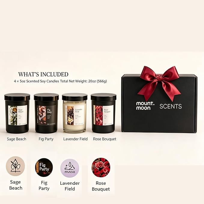 4-Pack Soy Candle Gift Set, Natural Aromatherapy Candles - Sea Salt Sage, Fig Fir, Lavender Eucalyptus, Velvet Rose, 5oz Each 150 Hour, Aromatherapy Candle Gift Set for Home, Relaxation & Spa