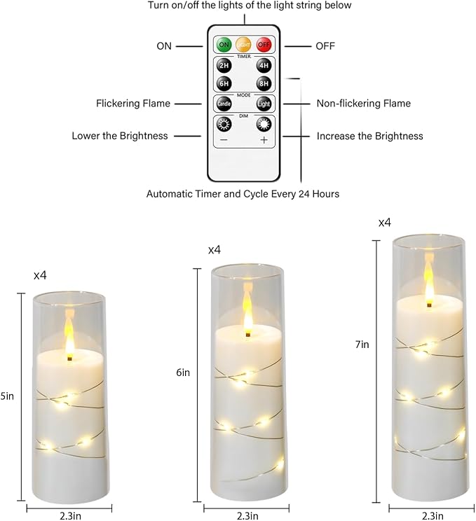 Flameless Candles with Embedded Star String, 12 Pcs Battery Operated LED Pillar Candles with Remote and Timer, Suitable for Home Decor, Party, Christmas & Wedding (White)