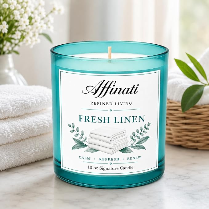 Affinati Fresh Linen Signature Candle - 10 oz Luxury Soy Blend Wax Candle, Long-Lasting Home Fragrance