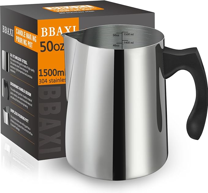 BBAXI Candle Making Pouring Pot, 1500 ML/50 OZ Candle Pouring Pitcher, 304 Stainless Steel Candle Making Pitcher with Heat-Resistant Handle and Dripless Pouring Spout Design