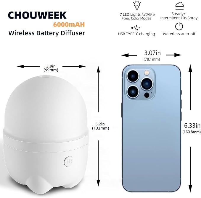 Cordless Rechargeable Diffuser for Essential Oil, Battery Operated & Wireless USB Aroma Diffuser Humidfer, Mini Portable Scent Diffuser for Aromatherapy (150ml)
