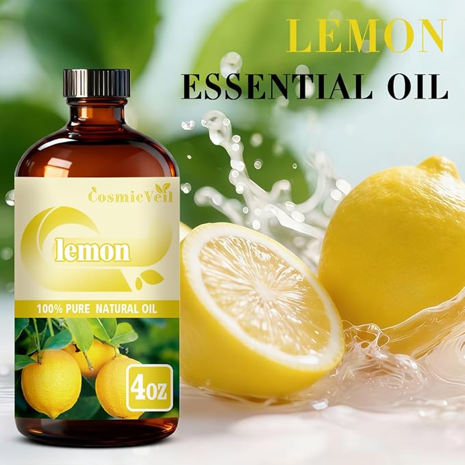 Lemon Essential Oil Lemon Oil for Aroma Diffuser,Humidifier,Home Fragrance,Cleaning,Body Care,Massage,Yoga,DIY Candle,DIY Soap CosmicVeil（Lemon，4 Fl Oz (Pack of 1)）