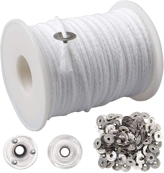 200 Feet Candle Wicks Roll, 24 PLYBraided Candle Wicks Natural Cotton Candle Wick Core Spool and 100 Pcs Metal Candle Wick Sustainer Tabs for Candle DIY Craft Candle Making Kit