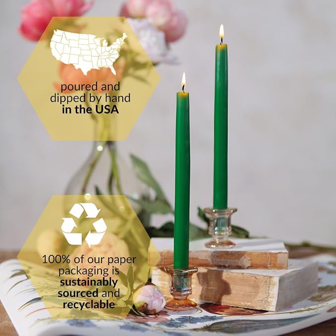Big Dipper Wax Works Forest Green Hand-Dipped Beeswax Taper Candles – 12” x 7/8”, 2-Pack, 100% Pure Beeswax, Long Burning, Clean, Cotton Wick, Handmade in USA, Home Décor & Wedding Candles