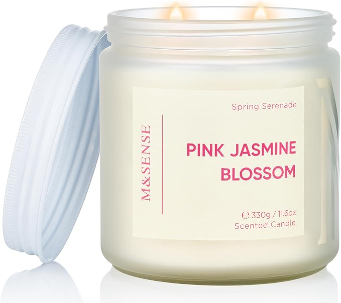 M&SENSE Jasmine & Rose Spring Scented Candles for Home, 11.6oz Organic Natural Soy Wax, 70-Hour Non Toxic Clean Burn, 2-Wick Home Fragrance Floral Scent, Romantic Smelling for Women
