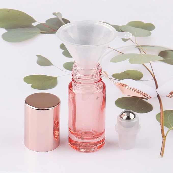 10Pcs 5ml Glass Roller Bottles for Essential Oils, 1/6 oz Refillable Roll on Vials with Funnels, Small Containers with Stainless Steel Ball for Perfumes Aromatherapy Liquid, Rose Gold