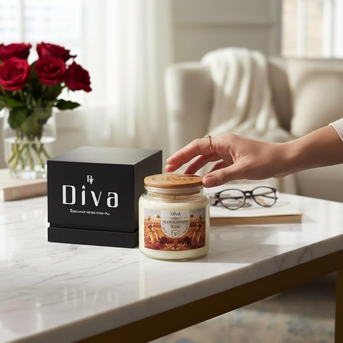 DV DIVA Scented Candle Gift 14oz Rose Amber & Musk - Anniversary, Valentine & Birthday Gift - Luxury Large Soy Wax Candle with Hidden NFC Love Message - Soft Fragrance Home Decor & Relaxing Ambiance