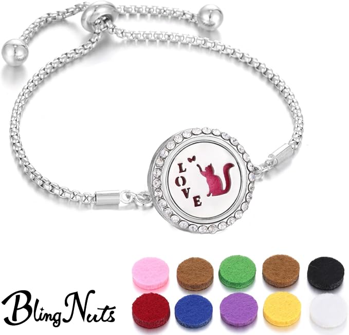 I Love Cat Essential Oil Diffuser Bracelet for Cat Lover Stainless Steel Kitten CZ Aromatherapy Locket Scent Bracelet with 10 Refill Pads