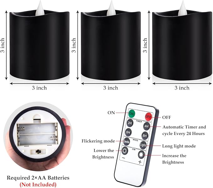 3inch Black Pillar Flameless Candles - 3D Flickering, Remote Timer, Battery Operated, 600+ Hours, Halloween & Gothic Themed Decor (Black, 3"*3"-3pcs)