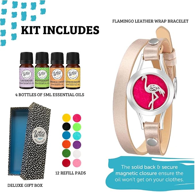 Wild Essentials Flamingo Essential Oil Leather Wrap Bracelet Diffuser Kit, Gift Set, Lavender, Lemongrass, Peppermint, Orange Oils, 12 Pads, Customizable Color Changing Perfume Jewelry, Aromatherapy