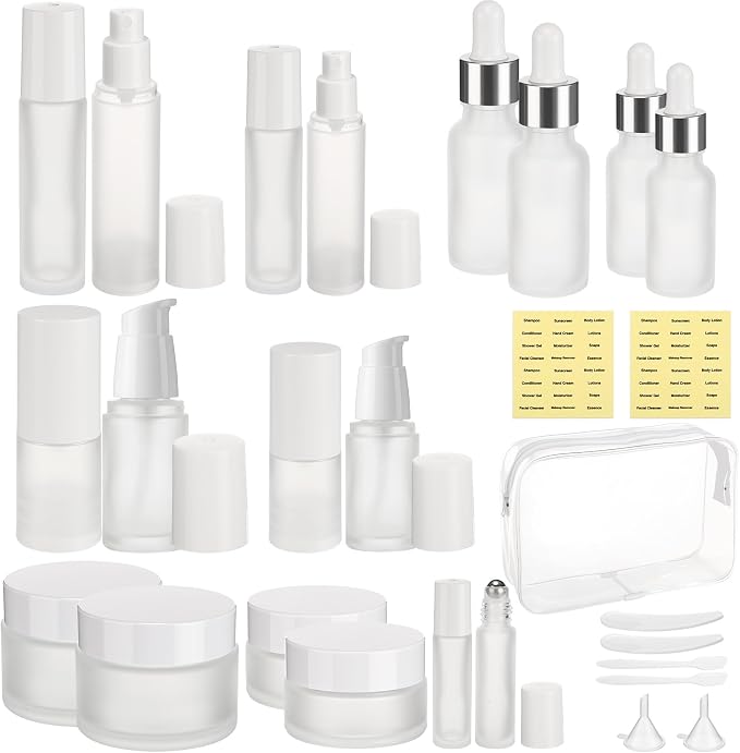 Blushtier 27 Pack Travel Skincare Containers Set 0.4/0.51/0.68/1.7oz Portable Travelling Size Bottles Toiletries Leak Proof Refillable Liquid Essentials with Toiletry Bag for Cosmetic Shampoo