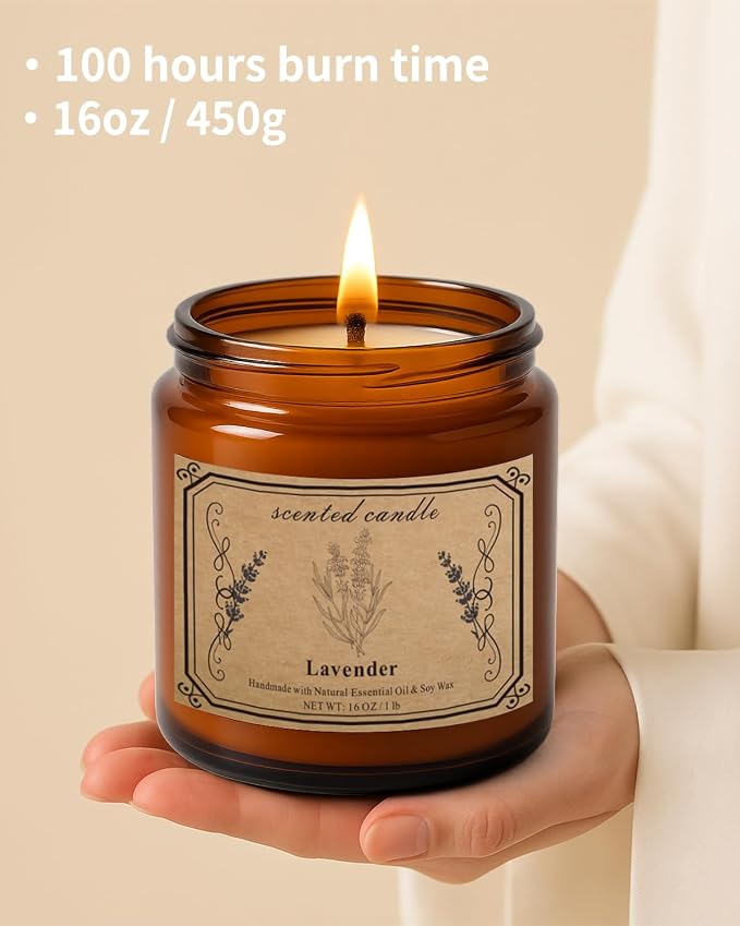 Candles for Home Scented, 16oz Large Soy Wax Lavender Scented Candle, 100 Hour Burn Time, Aromatherapy Candle, Ideal for Christmas, Anniversary, Birthday Gift