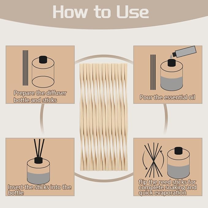 25PCS Volatile Sticks Reed Diffuser Sticks 7mm x 9.45 Inch Twisted, Natural Aroma Essential Oil Refill Replacement for Home Fragrance, Artistic Shape for Larger Air Contact