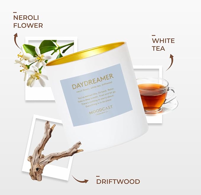 Moodcast Daydreamer Scented Candle - Aesthetic Candle for Home, Neroli Flower, Driftwood & White Tea, Clean Coco Wax Blend, Vegan, Paraben Free, 45-Hour Long Lasting Burn - 8oz