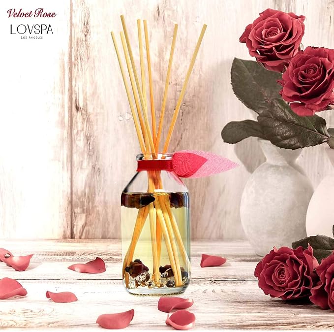 Velvet Rose Diffuser Set, Bathroom Decor, Home Fragrance, Room Scent | Roses, violet petals, and lemon profile, kitchen shelf, decorative glass bottle, entryway, powder room, living room