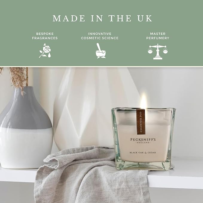 Pecksniff's Prestige 1-Wick Square Candle, Black Oak & Cedar Scent, 190g (6.7oz) - Rich, Woody Oriental Fragrance with Bergamot, Cardamom & Vanilla