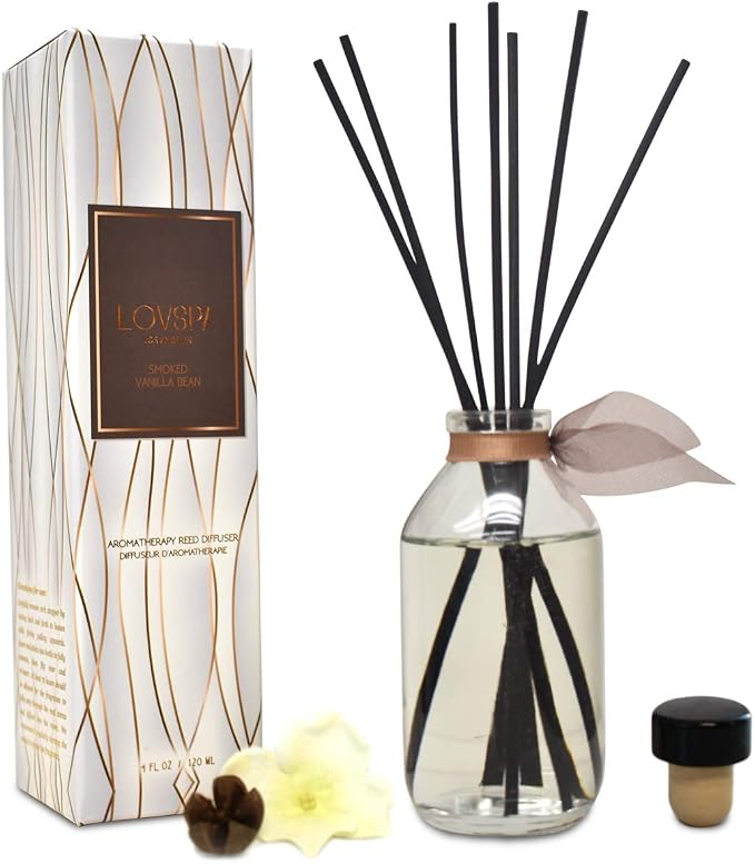 Smoked Vanilla Reed Diffuser Set, Living Room Decor, Home Fragrance | Smoked tahitian vanilla, sandalwood, and leather profile, entryway, office shelf, guest bathroom, powder room, living room