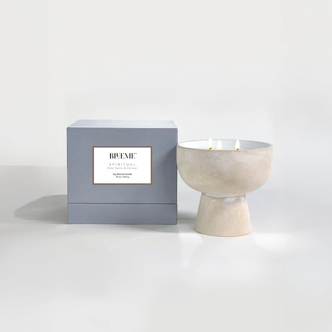 Blueme Spiritual Candle | Palo Santo & Vetiver | 2 Wick - Refillable Wellness Candle with Essential Oils, Hand Finished & Poured Soy Wax Blend Ceramic Vessel, Natural Cotton Wicks | Medium 12 oz