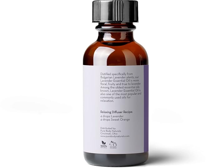 Pure Body Naturals Bulgarian Lavender Essential Oil by Pure Body Naturals, 1 Fluid Ounce - 100% Pure, Independently Tested, Therapeutic Grade Lavender Essential Oil for Diffuser Aromatherapy