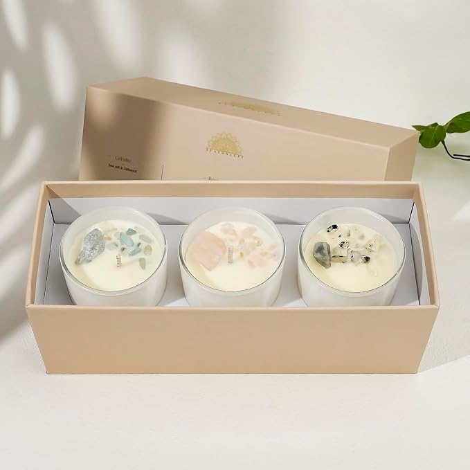 AvaConcept Healing Crystal Candle Gift Set – Set of 3 Celestite, Rose Quartz & Moonstone Hand-Poured Soy Wax Sea Salt Driftwood, Blackcurrant Rose & Amber Noir Aromatherapy Scents Premium Gift Box