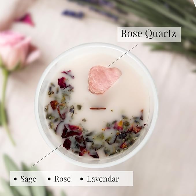 Sage Smudge Candle – Crystal-Infused with Rose Quartz & Botanicals – Self Love Ritual for Energy Cleansing & Manifestation