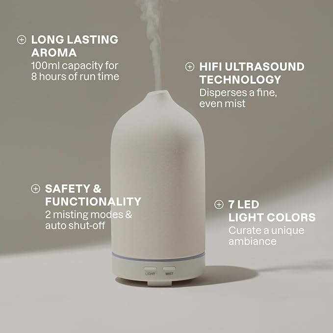 Cliganic Ceramic Diffuser (White), 100ml Ultrasonic for Essential Oils Aromatherapy, Home & Office
