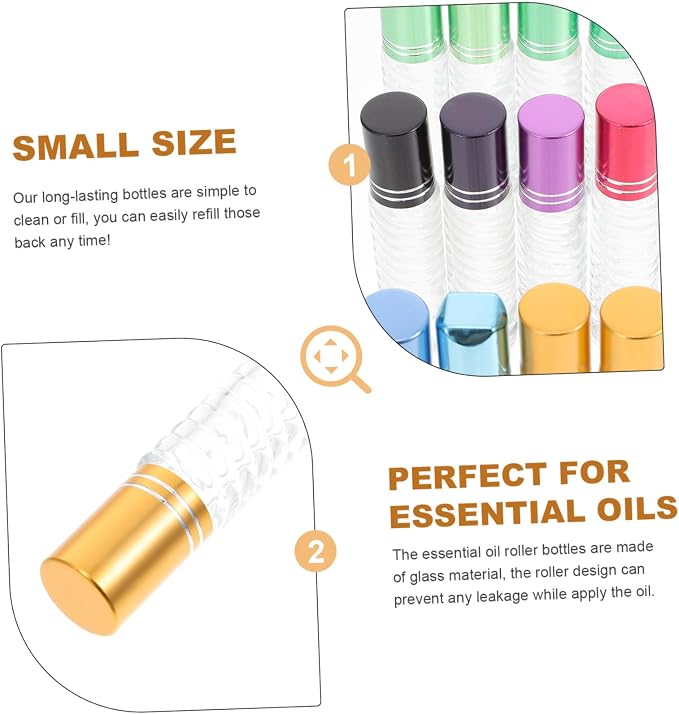 FUOYLOO 12pcs 5ml Glass Roll-on Bottles with Caps Essential Oil Roller Bottle Kit Portable Refillable Perfume Sub-packaging for Travel and Aromatherapy Random Color
