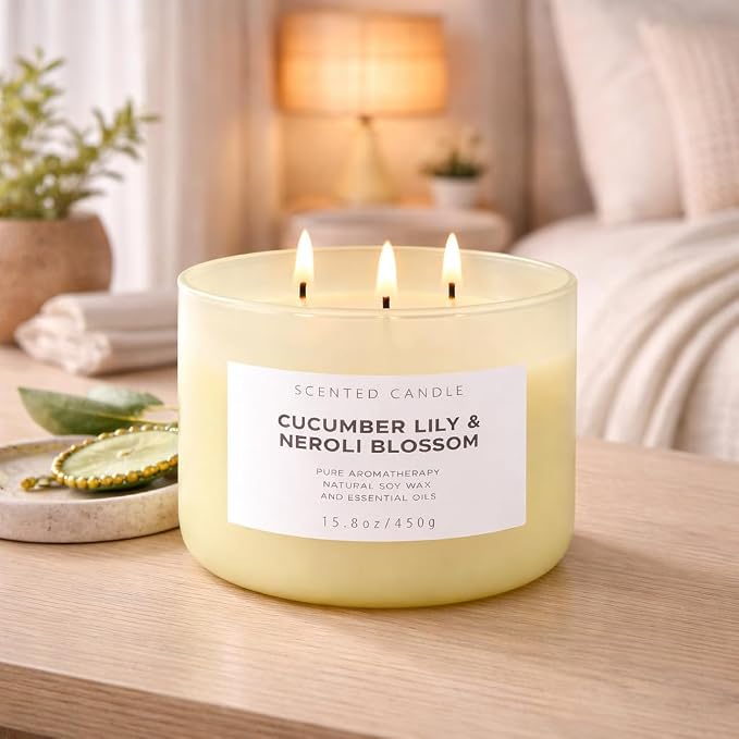 Cucumber Lily & Neroli 3-Wick Soy Floral Scented Candle for Women, 15.8oz | Orange Blossom & Citrus Notes, Aromatherapy, Large Jar, Clean Burn, Home, Bath & Bedroom, Gift for Her, Housewarming