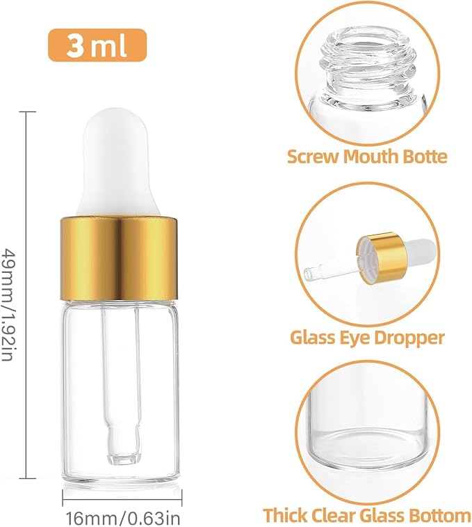 Small Dropper Bottle 3ml – 100pcs Clear Glass Bottles with Golden Collar for Essential Oils, Serums, Perfume Samples, Crafting, DIY Skincare, Travel
