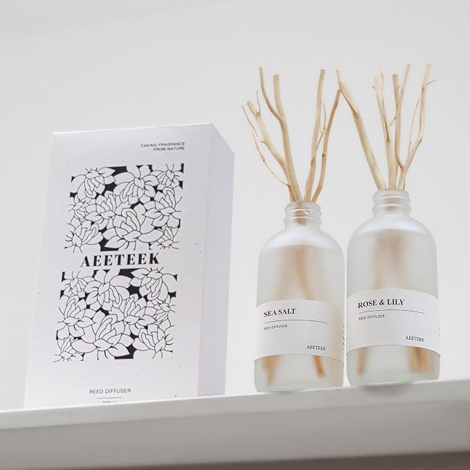 Rose Lily & Sea Salt Reed Diffuser Set of 2, 14.8 oz(220mlx2) Sea Salt Musk and Flower Essential Oils, Bathroom Air Freshener with Willow Branches Decor, Long Lasting Fragrance for Home