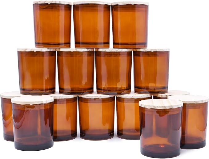 SHOWIN 10 OZ Thick Candle Jars for Making Candles 15 Pcs, Empty Jars with Wood Lids for Candle Making, Sample Container, Clear Brown
