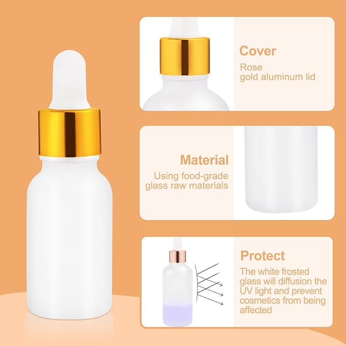 6 Pack Dropper Bottle for Essential Oils, Empty Liquid Holder With Glass Eye Dropper, Golden Caps Travel Perfume Cosmetic Container - Pipette & Funnel Included (15ml/0.5 fl oz)