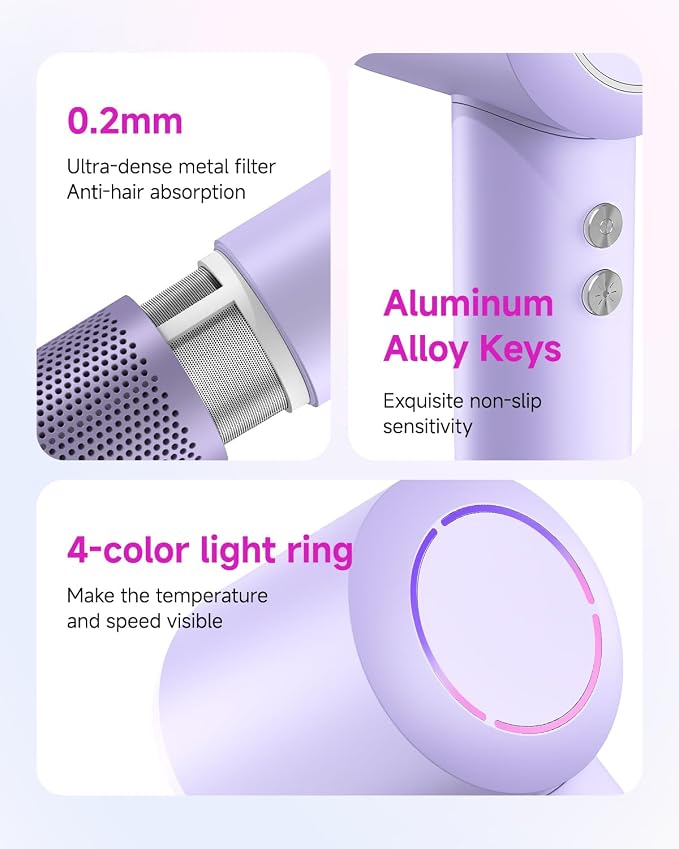 Professional Hair Dryer with Diffuser for Curly Hair, 400M Negative Ionic Blow Dryer for Fast Drying, 120,000 RPM High-Speed Brushless Motor, Low Noise Lightweight, Travel-Friendly (Pink)