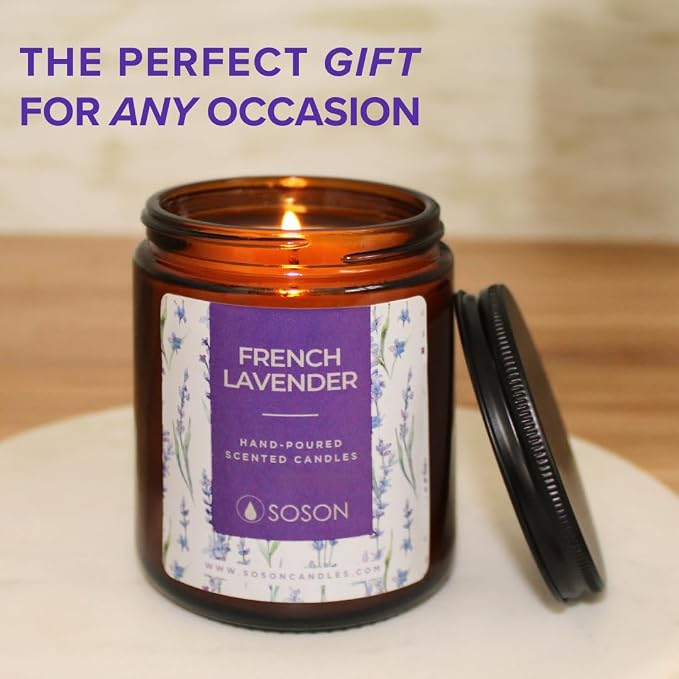 Simply Soson 9 oz Lavender Scented Candle for Home - Amber Glass Jar - 50 Hour Long Lasting Candles - Scented Candles Gifts Set for Birthday, Valentine, Anniversary, Dinner, Parties