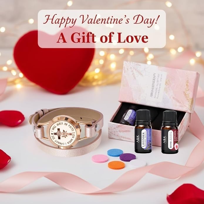 A&K Collections 18K Gold Mothers Day Easter Basket Stuffers for Her Rose Gold Plated Cross Aromatherapy Bracelet – Teen Girl Gifts Trendy Stuff, Essential Oil Lavender & Rose Diffuser Christian Jewelry for Women