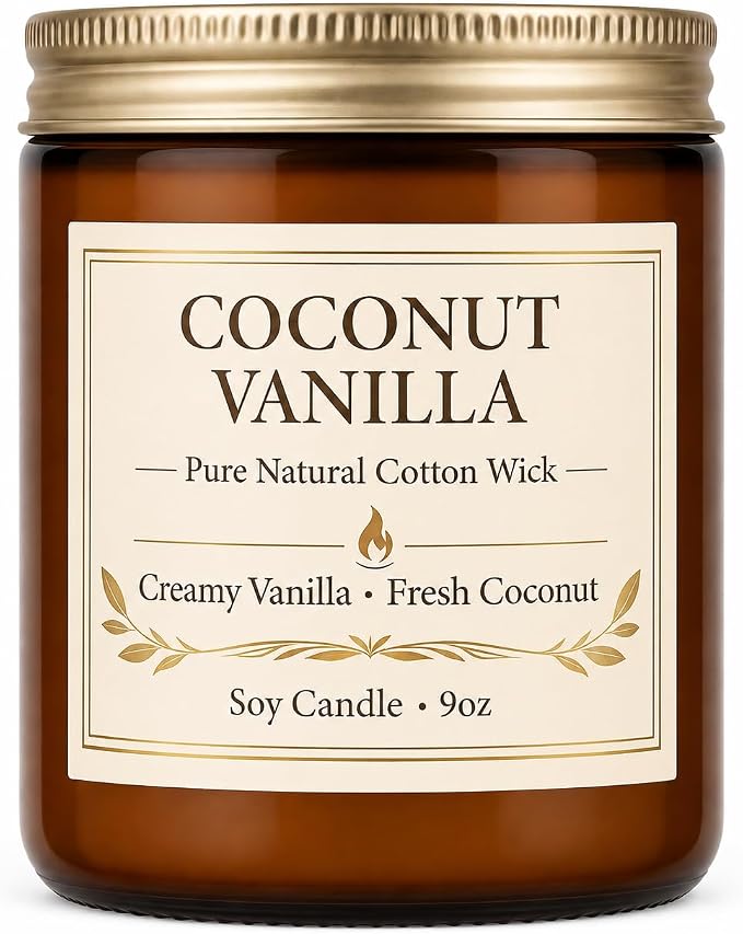 Coconut Vanilla Candle, 9 oz Soy Coconut Wax Scented Candle for Home, Vanilla Coconut Aromatherapy Candle, Clean Burning Jar Candle for Bedroom Bathroom Spa, Candle Gifts for Women Men