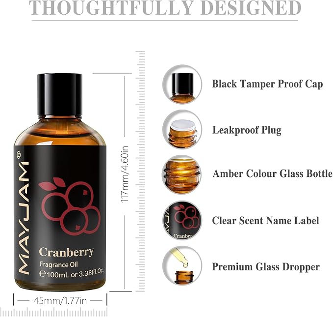 MAYJAM 100ML/3.38FL.OZ Cranberry Fragrance Oils with Glass Dropper, Essential Oils for Diffusers, Long Lasting Scented Oils for Soap Candle Making