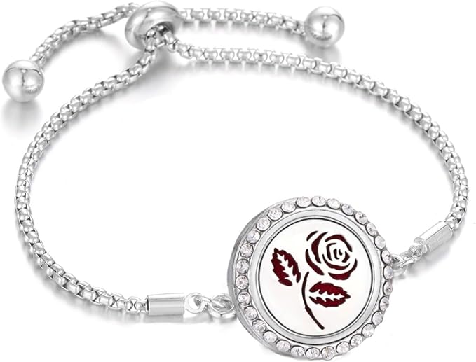 Stainless Steel CZ Essential Oil Diffuser Bracelet Rose Flower Aromatherapy Locket Bracelet with 10 Pcs Refill Pads for Women