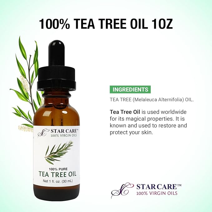 100% Pure Tea Tree Essential Oil for Hair, Scalp, and Skin Care Cold Pressed Undiluted & Hexane Free Melaleuca Oil Premium Glass Bottle with Dropper, 1 fl oz (30ml)