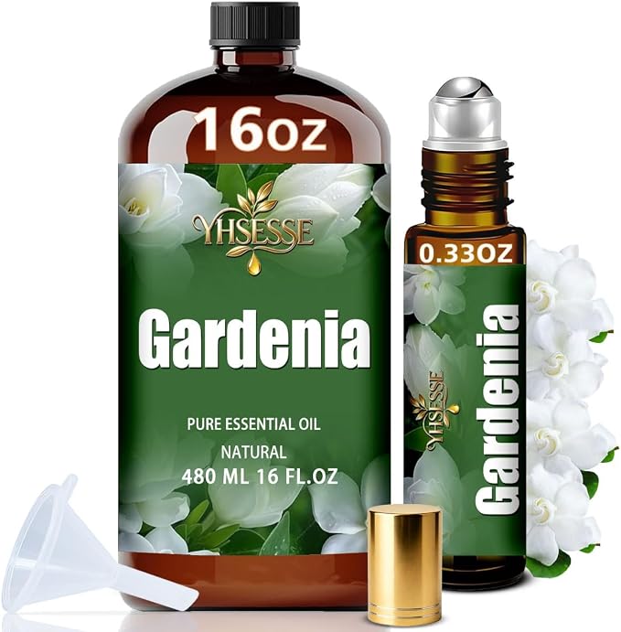 Gardenia Essential Oil, Gardenia Oil 16 Fl Oz 480ml for Diffuser Yoga Soap & Candle Making – with 0.33 Oz Roller Ball & Funnel YHSESSE Essential Oils