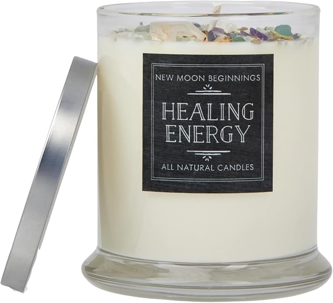 New Moon Beginnings Healing Candle - Negative Energy Cleansing - Soy Aromatherapy - Handmade with Crystals & Herbs - 12oz Glass Jar