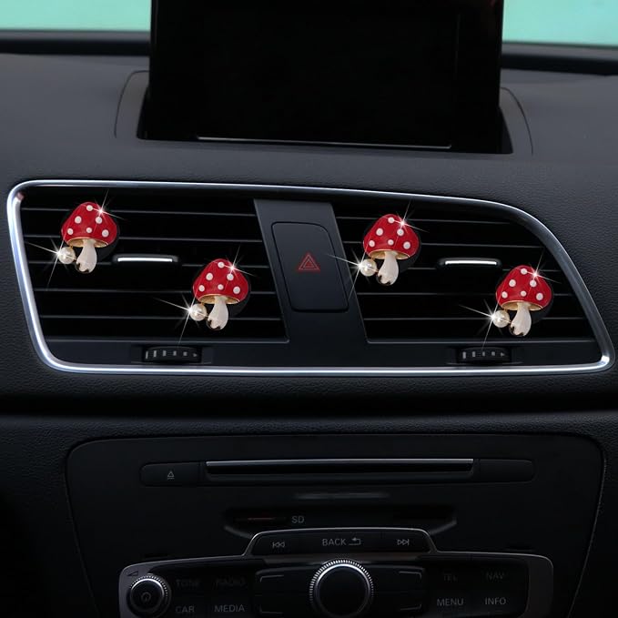 4Pcs Red Mushroom Car Accessories Mushroom Car Air Freshener Vent Clips,4 Sizes Cute Clips,Girly Women Accessories,Refillable Diffuser Air Fresheners Accessories