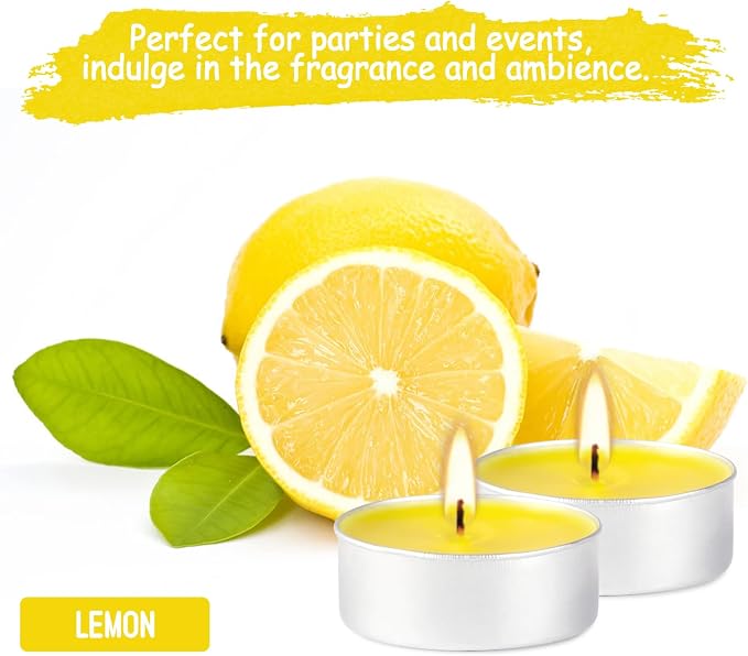 100 Pack Scented Tealight Candles - 4 Hours Burning Lemon Aromatherapy | Valentine's Day Romantic Dinner & New Year Home Decor, Yellow Votive Candles for Wedding, Holiday Gift & Emergency (Yellow)