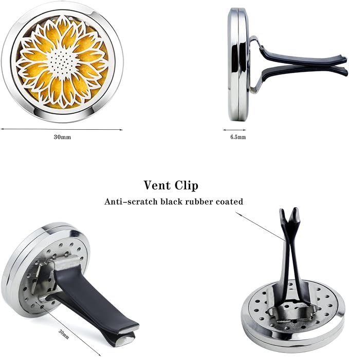 Sunshine Flower Car Essential Oil Diffuser Vent Clip,30mm Stainless Steel Car Diffuser Clip Compatible with 10 Felt Pads, Easy to Install