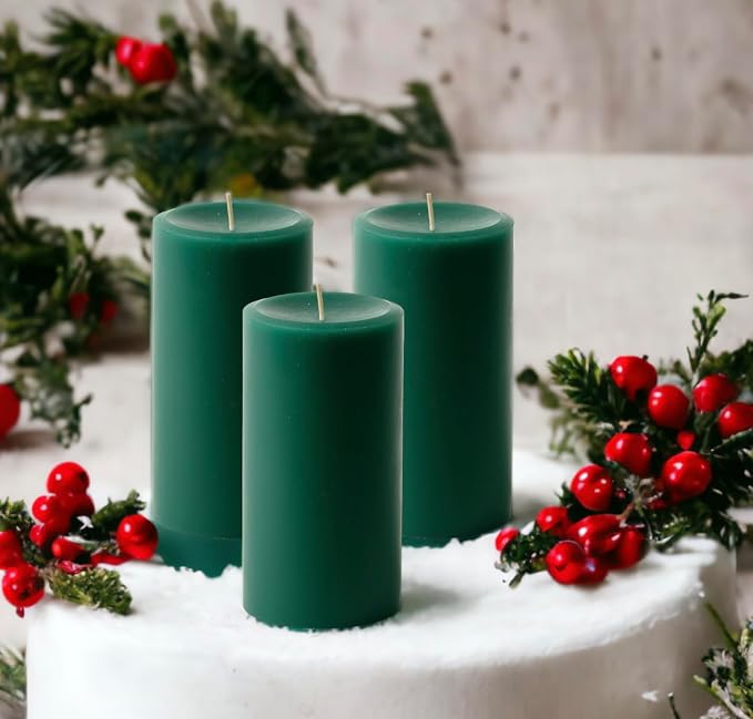 Mister Candle Dripless Unscented Pillar Candles, Set of 3 Hand Poured Hunter Green Pillar Candles, Solid Color Non-Scented Candles for Home Decor, Premium Wax, 80 Hr Burn Time, 3x6 Inch