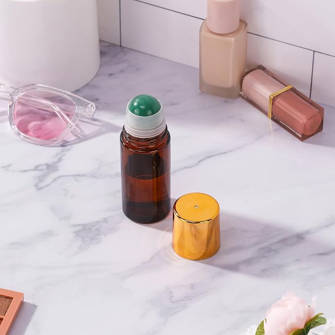 2 pack 1.7oz Large Amber Glass Roll on Bottles for Essential Oils Perfume Refillable Roller Ball Applicator Empty Deodorant Containers with Green Crystal Rollerball