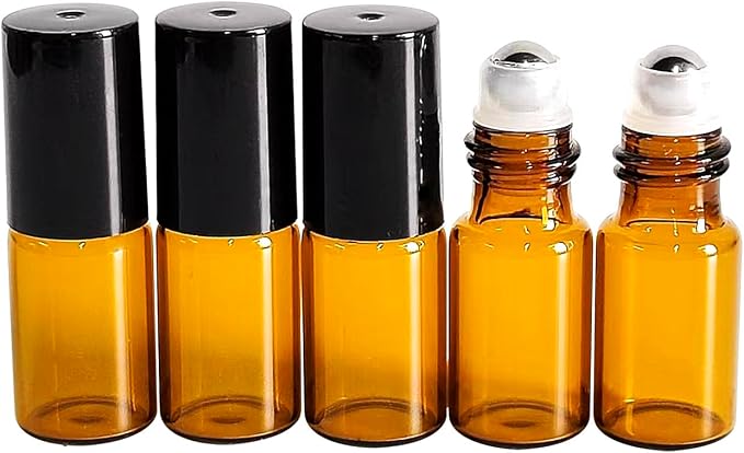 50 PCS 3ml Amber Glass Roller Bottle,Essential Oil Sample Vials with Stainless Steel Roller Ball,Black Caps,for Travel Perfume Cosmetics Small Container(2 Funnels, 2 Dropper, 1 Opener) (3ml)