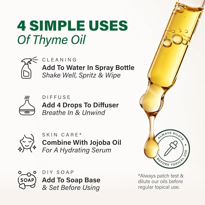 100% Pure Thyme Oil - 4 Fl Oz Thyme Essential Oil for Hair, Skin, Diffuser, Aromatherapy & DIY Soap Making Scent